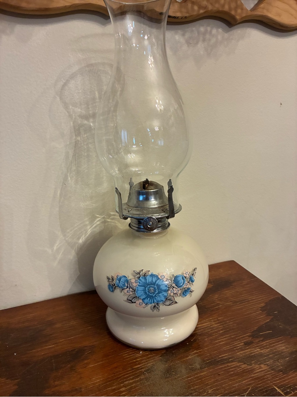 Vintage Classic Cream Glass Oil Lamp with Blue Floral Motif